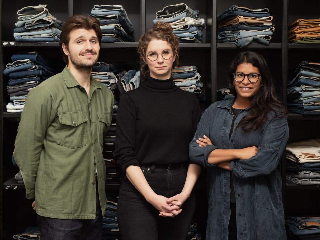 The Nudie Jeans Sustainability department, Kevin Gelsi, Sustainability Coordinator, Eliina Brinkberg, Environmental Manager and Sandya Lang, Sustainability Manager.